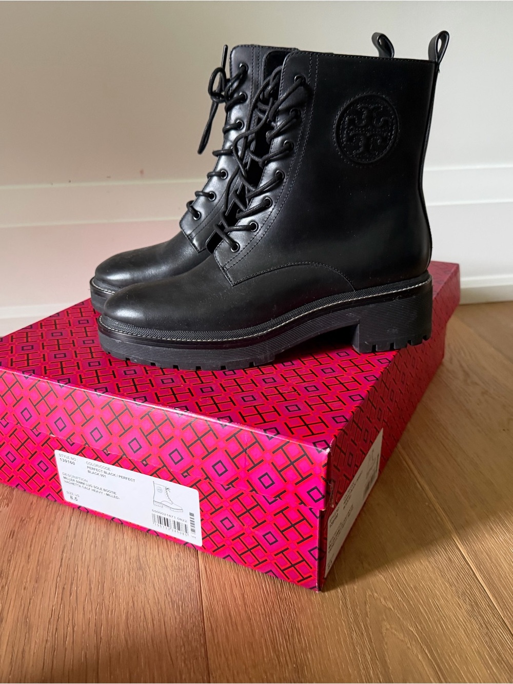 Tory Burch Black Leather Platform Lace-Up Combat Boots